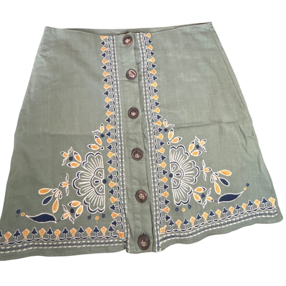 Blue Rain Linen Mini Skirt S Sage Green Embroidered Button Front Boho